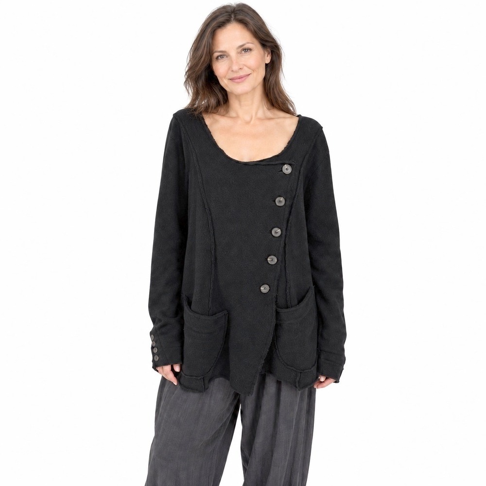 Rundholz Black Label 100% Boiled Wool Button Front Knit Sweater M Raw Edge Black